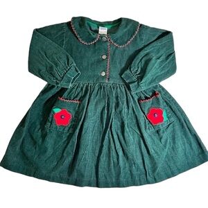Vintage Ruth Scharf Corduroy Green and Red Pansy Flower Button  Dress size 4T